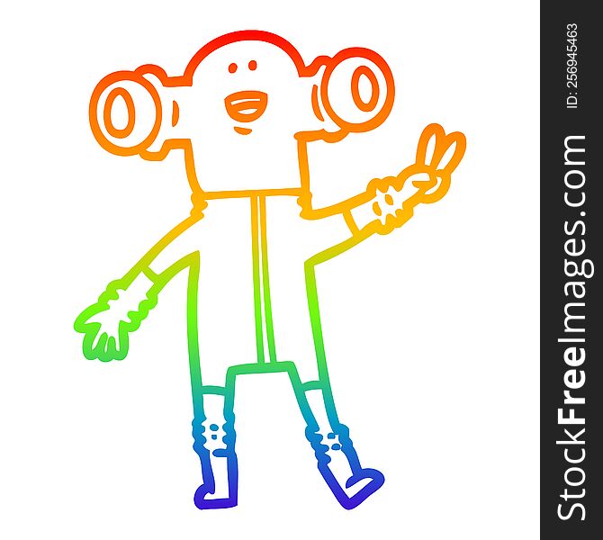 rainbow gradient line drawing of a friendly cartoon alien giving peace sign