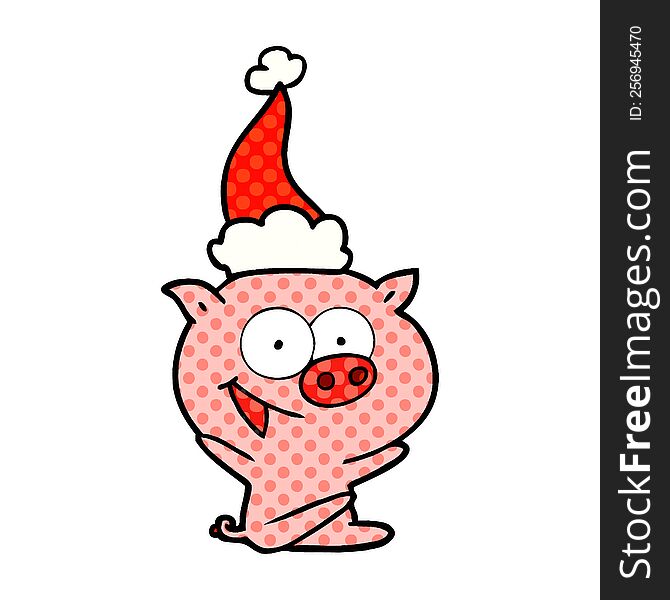 cheerful sitting pig comic book style illustration of a wearing santa hat