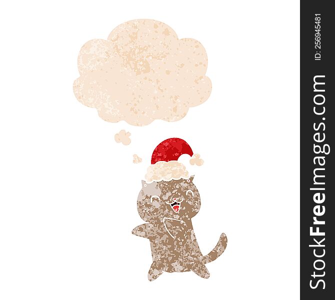 cute cartoon christmas cat with thought bubble in grunge distressed retro textured style. cute cartoon christmas cat with thought bubble in grunge distressed retro textured style