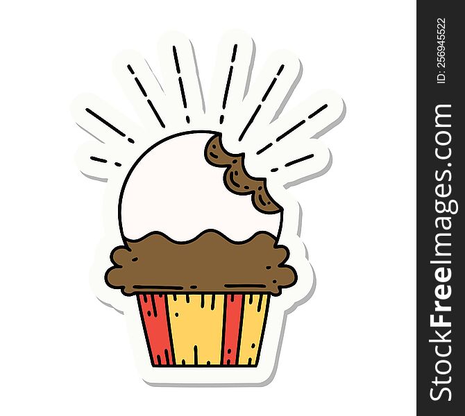 Sticker Of Tattoo Style Cupcake With Missing Bite