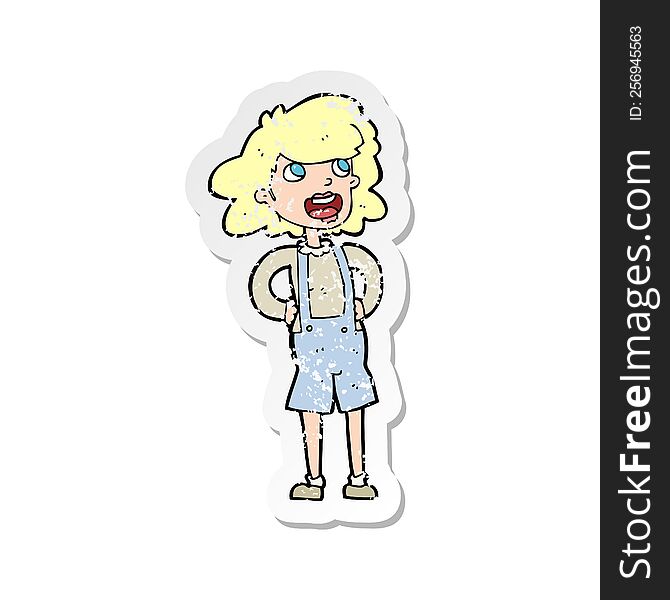 retro distressed sticker of a cartoon woma in dungarees