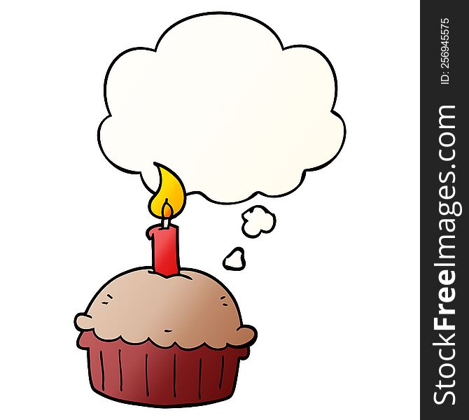 Cartoon Birthday Cupcake And Thought Bubble In Smooth Gradient Style