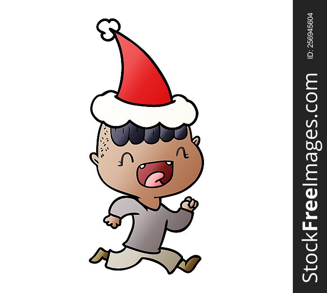 hand drawn gradient cartoon of a happy boy laughing and running away wearing santa hat