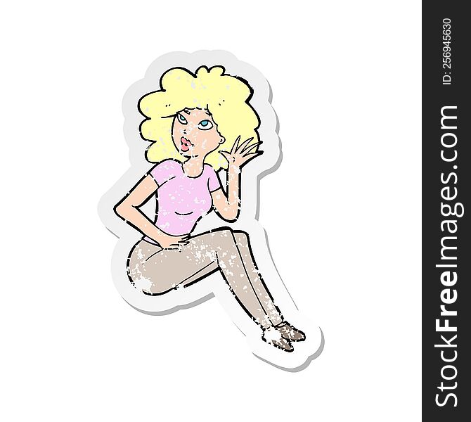retro distressed sticker of a cartoon woman listening