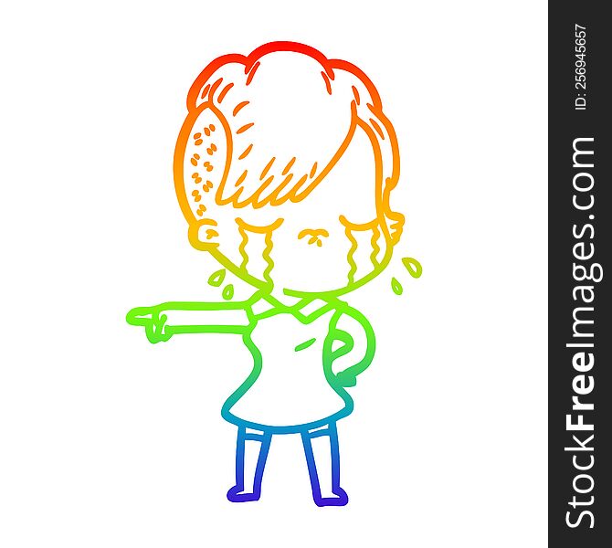 Rainbow Gradient Line Drawing Cartoon Crying Girl Pointing