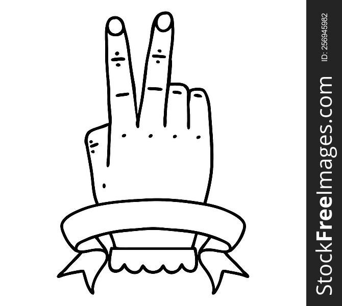 Black and White Tattoo linework Style victory v hand gesture with banner. Black and White Tattoo linework Style victory v hand gesture with banner