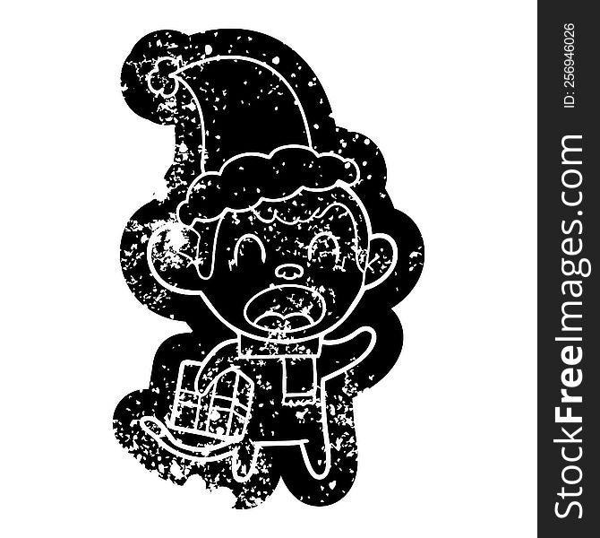 Shouting Cartoon Distressed Icon Of A Monkey Carrying Christmas Gift Wearing Santa Hat