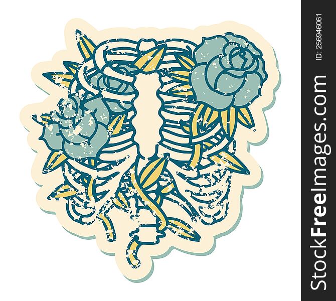 iconic distressed sticker tattoo style image of a rib cage and flowers. iconic distressed sticker tattoo style image of a rib cage and flowers