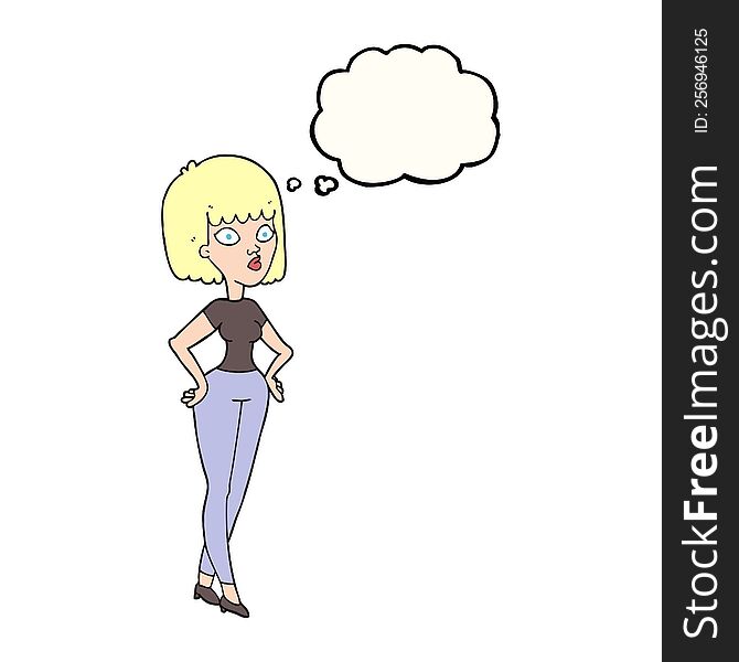 freehand drawn thought bubble cartoon woman with hands on hips