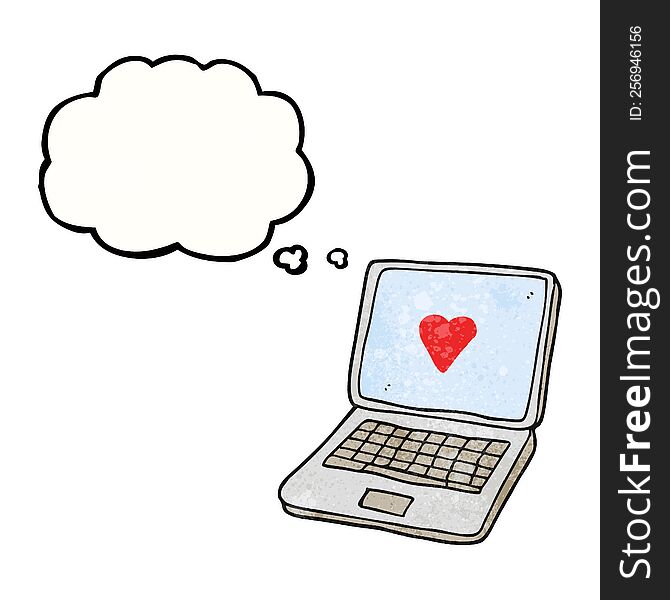 freehand drawn thought bubble textured cartoon laptop computer with heart symbol on screen