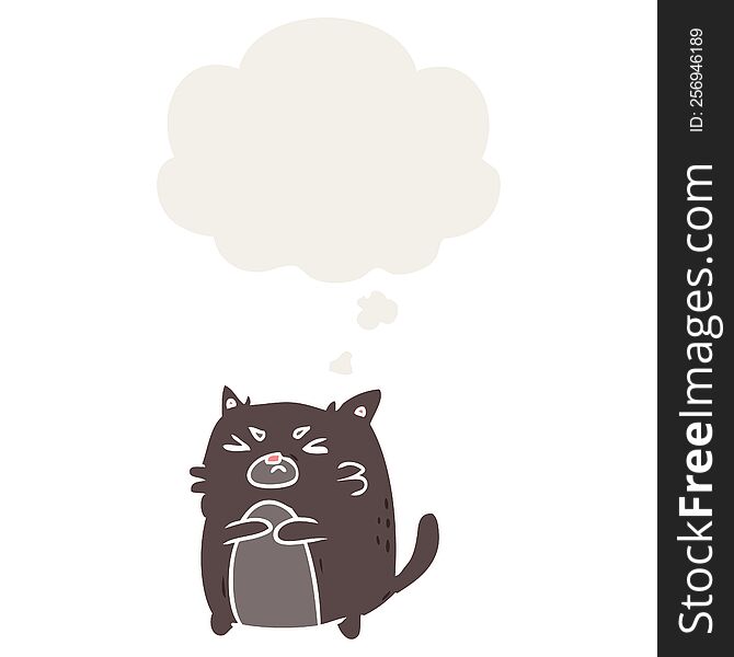 cartoon angry cat with thought bubble in retro style