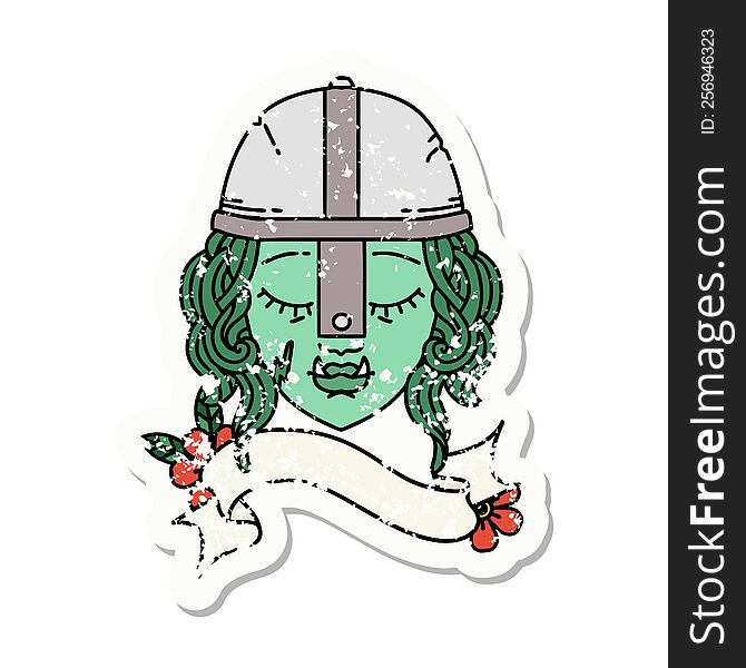 grunge sticker of a orc fighter character face. grunge sticker of a orc fighter character face