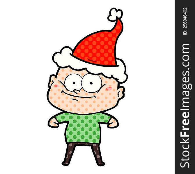 hand drawn comic book style illustration of a bald man staring wearing santa hat