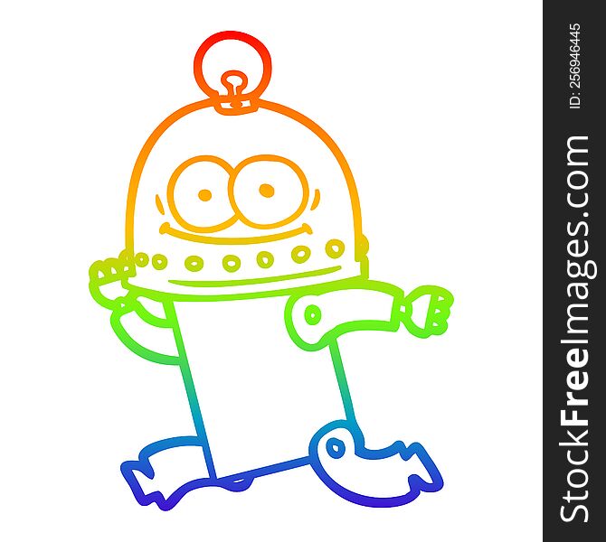 rainbow gradient line drawing of a happy carton robot with light bulb