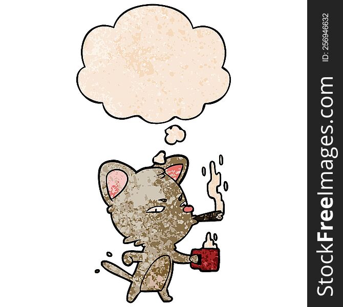 cartoon cat with coffee and cigar with thought bubble in grunge texture style. cartoon cat with coffee and cigar with thought bubble in grunge texture style