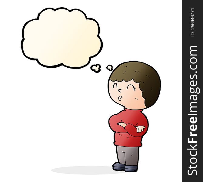 cartoon boy with folded arms with thought bubble