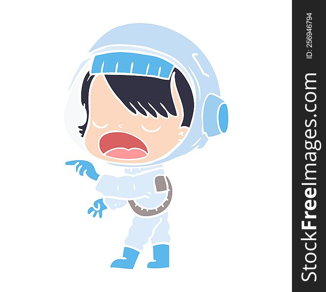 flat color style cartoon astronaut woman pointing and talking