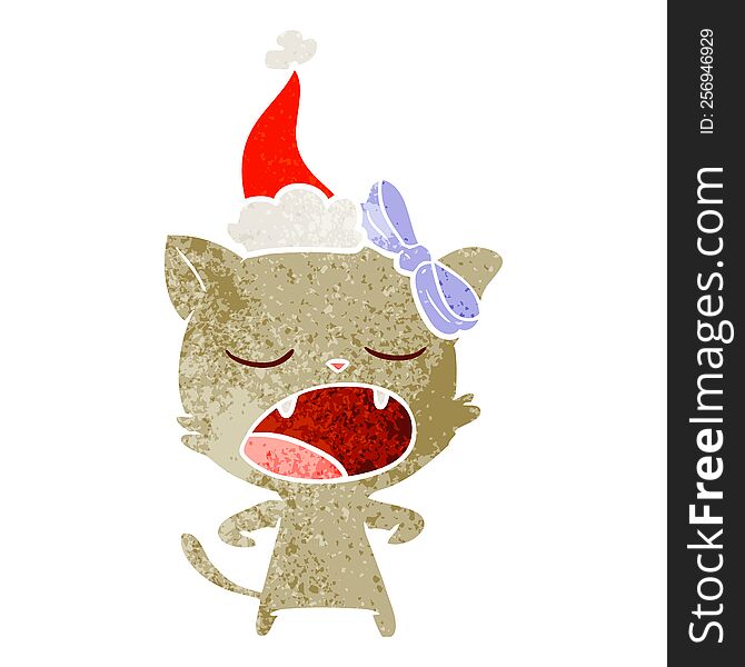 Retro Cartoon Of A Yawning Cat Wearing Santa Hat