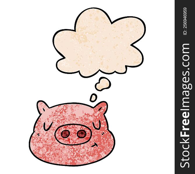 Cartoon Pig Face And Thought Bubble In Grunge Texture Pattern Style