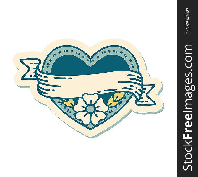 Tattoo Style Sticker Of A Heart And Banner With Flowers