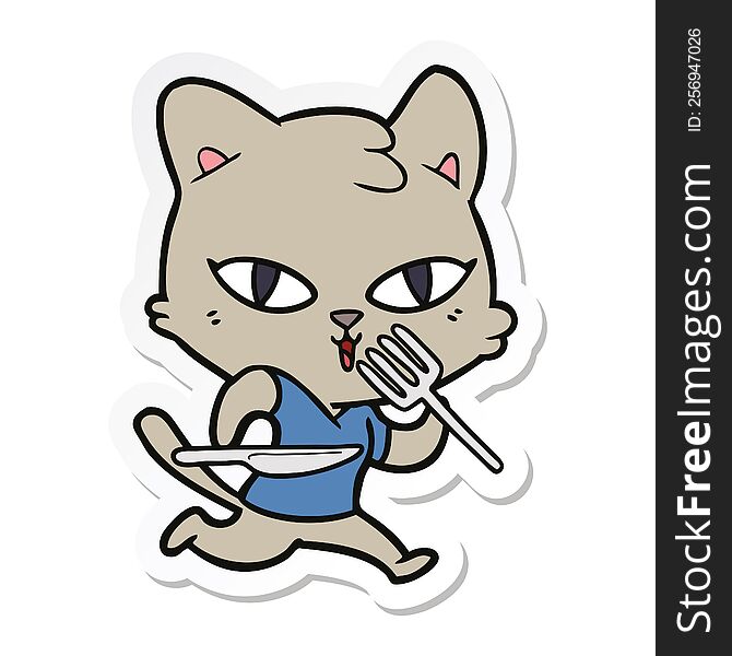 sticker of a cartoon hungry cat