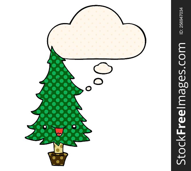 Cute Cartoon Christmas Tree And Thought Bubble In Comic Book Style