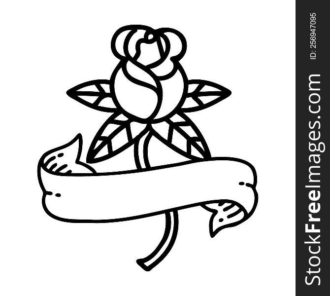 black line tattoo of a rose and banner