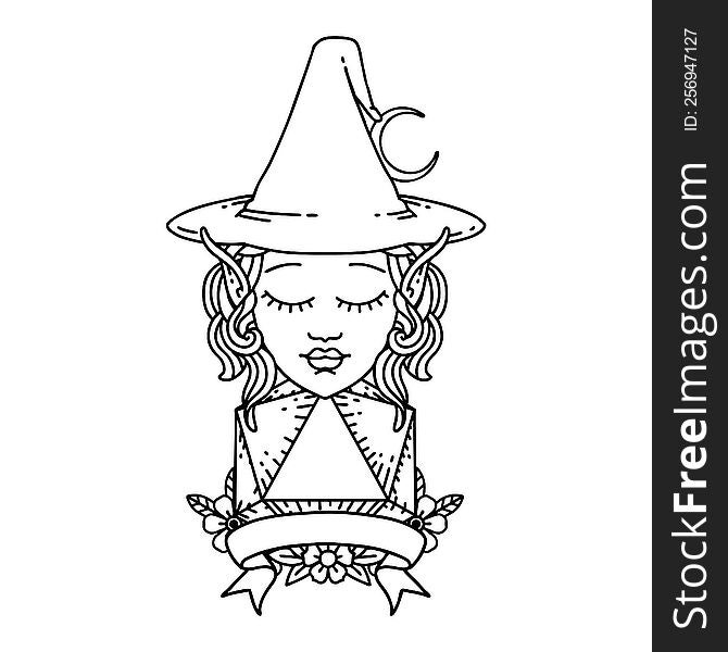 Black and White Tattoo linework Style elf mage character with natural twenty dice roll. Black and White Tattoo linework Style elf mage character with natural twenty dice roll
