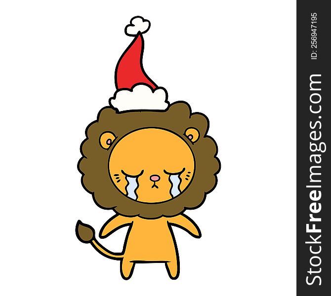 Crying Line Drawing Of A Lion Wearing Santa Hat