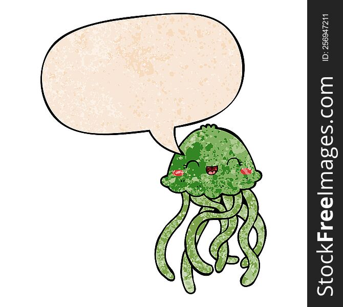 cute cartoon jellyfish with speech bubble in retro texture style