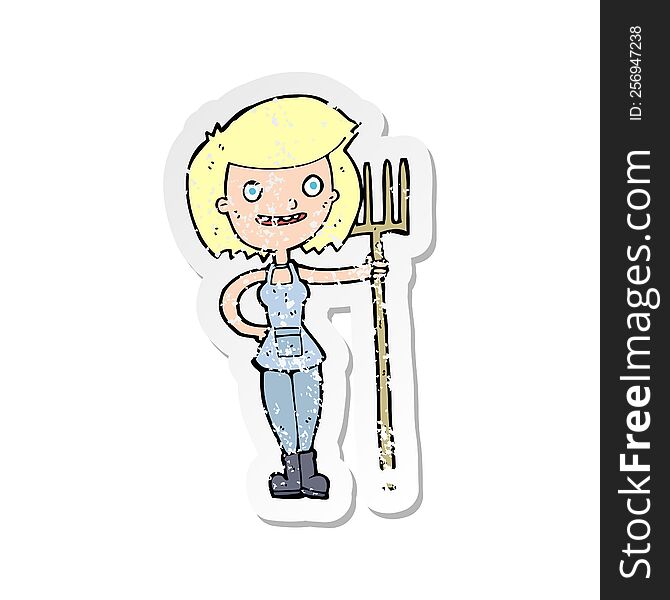 retro distressed sticker of a cartoon happy farmer girl