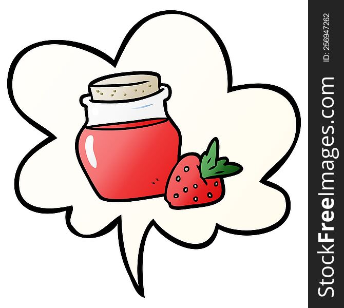 cartoon jar of strawberry jam with speech bubble in smooth gradient style