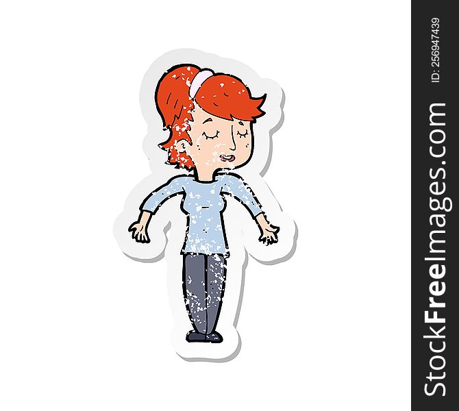 Retro Distressed Sticker Of A Cartoon Friendly Woman Shrugging Shoulders