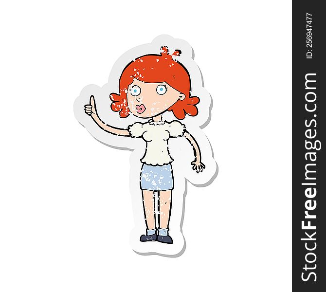 Retro Distressed Sticker Of A Cartoon Woman With Idea