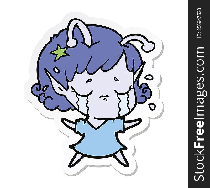 Sticker Of A Cartoon Crying Alien Girl