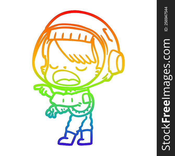 rainbow gradient line drawing of a cartoon astronaut woman pointing and talking