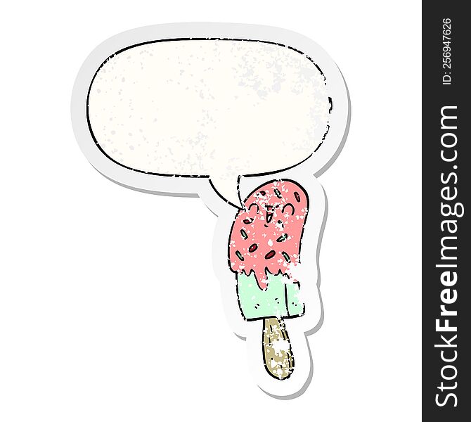Cartoon Ice Lolly And Speech Bubble Distressed Sticker