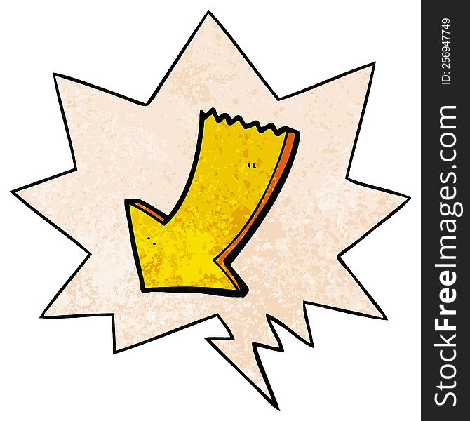 cartoon pointing arrow with speech bubble in retro texture style