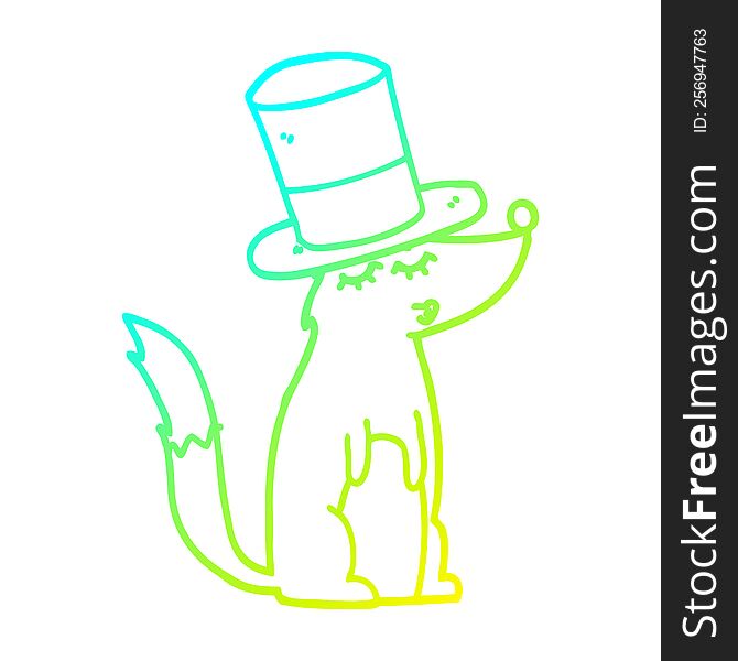 Cold Gradient Line Drawing Cartoon Wolf Whistling Wearing Top Hat