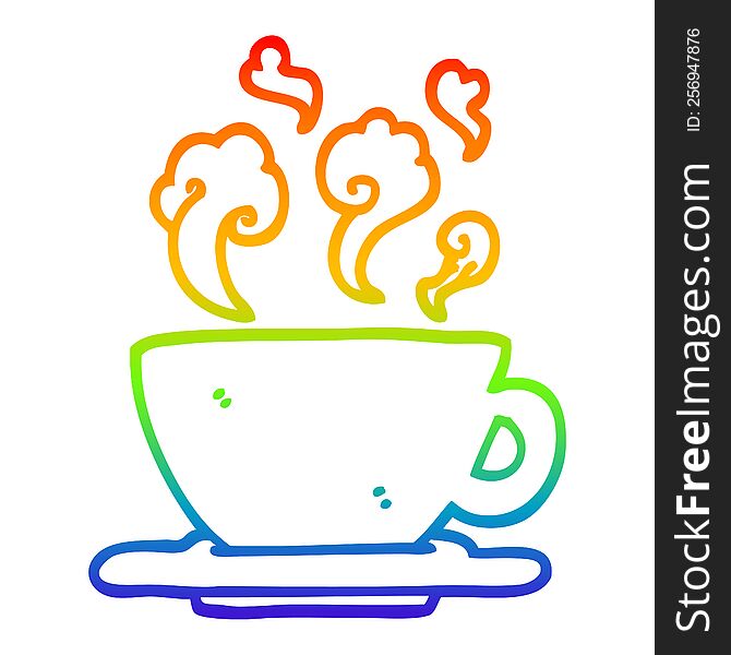 rainbow gradient line drawing of a cartoon cup of hot coffee