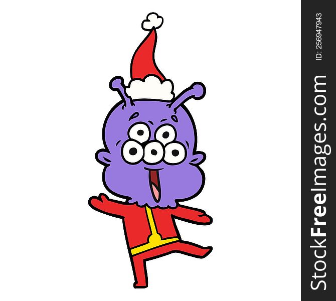Happy Line Drawing Of A Alien Dancing Wearing Santa Hat