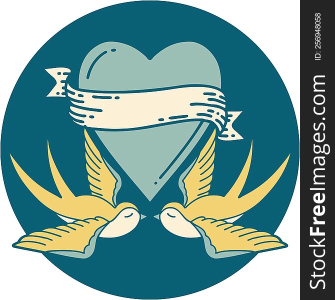 Tattoo Style Icon Of A Swallows And A Heart With Banner