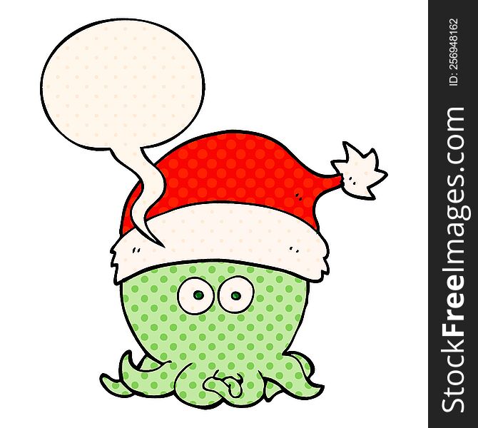 cartoon octopus wearing christmas hat with speech bubble in comic book style