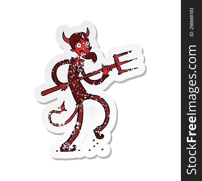 retro distressed sticker of a cartoon devil with pitchfork