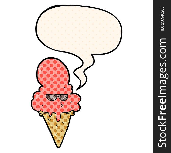 Cartoon Cool Ice Cream And Speech Bubble In Comic Book Style