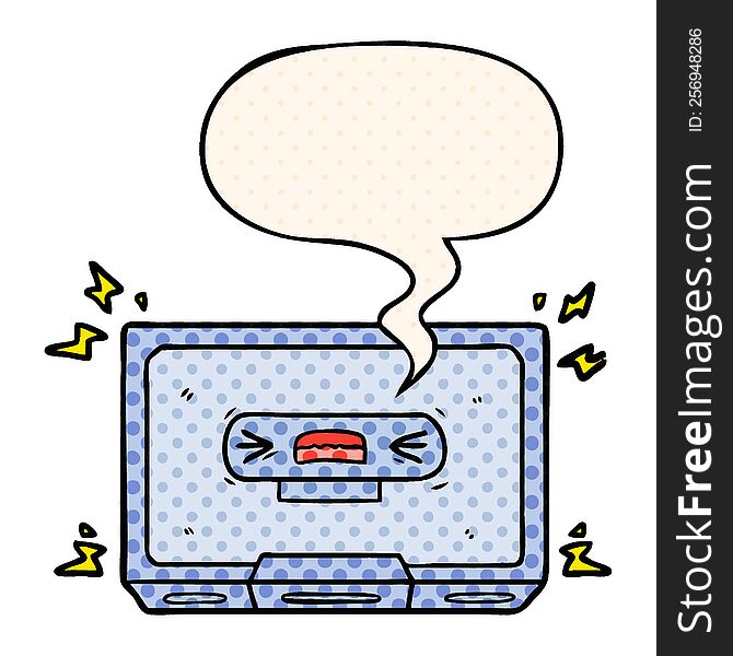 cartoon angry old cassette tape with speech bubble in comic book style