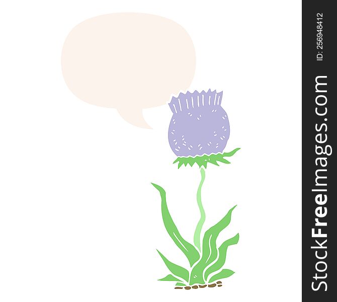 cartoon wild flower with speech bubble in retro style
