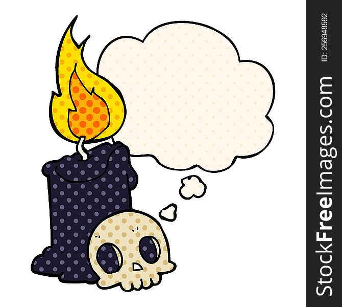 Cartoon Skull And Candle And Thought Bubble In Comic Book Style
