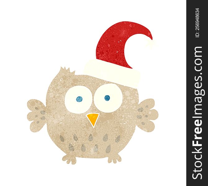 Retro Cartoon Little Owl Wearing Christmas Hat