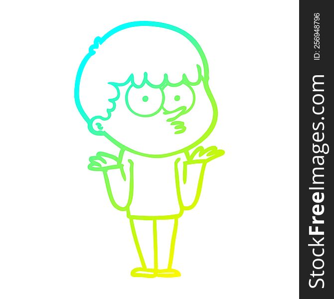 cold gradient line drawing of a cartoon curious boy shrugging shoulders